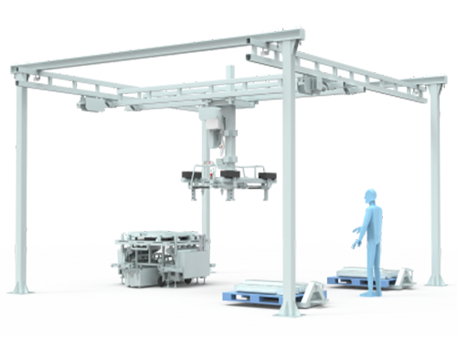 AGV transport cart arrives at designated position. Spreader lifts PACK and places it on unloading pallet.Interlock function, laser distance measurement, infrared positioning