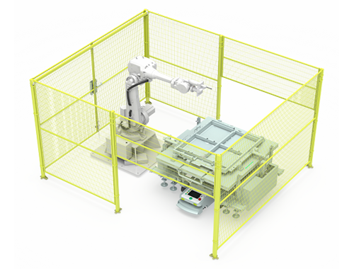 At AGV transport cart & PACK auto-tightening station, 6-axis robot enables automatic screwdriving and locking.